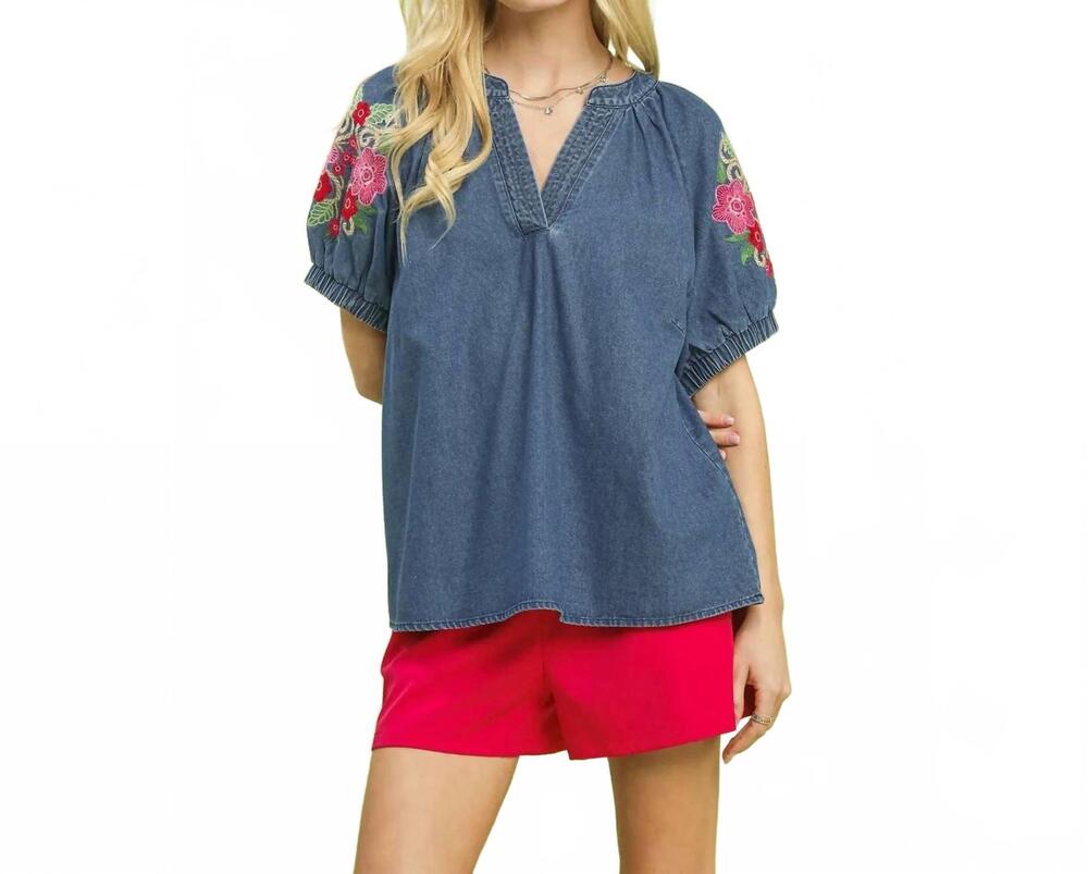 NEW STYLE USA women's denim embroidered puff sleeve boho top in blue